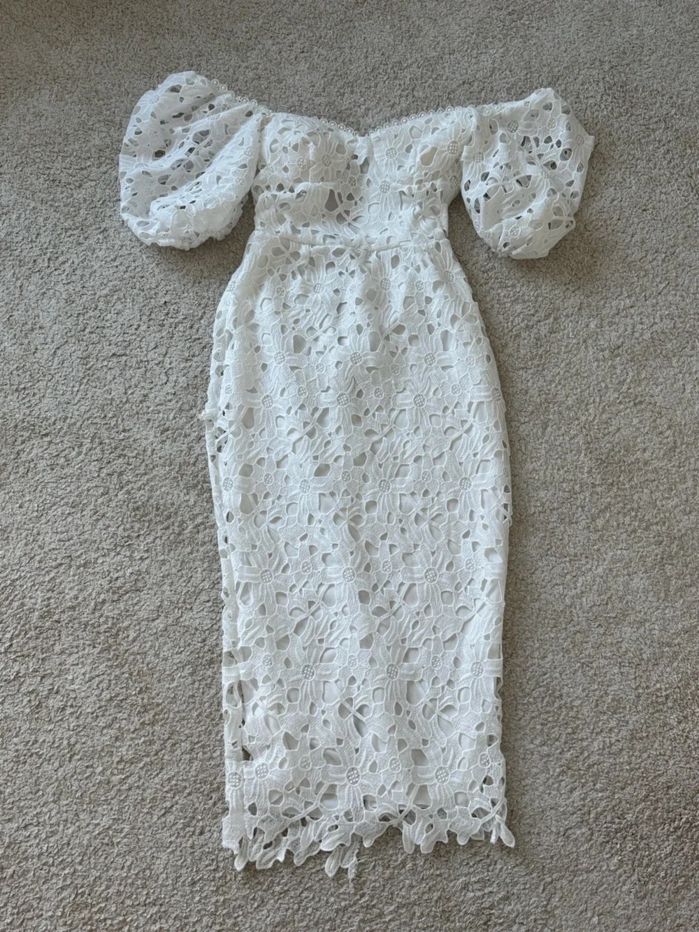 Local European White Off-Shoulder Lace Midi Dress with Puff Sleeves - Picture 1 of 5